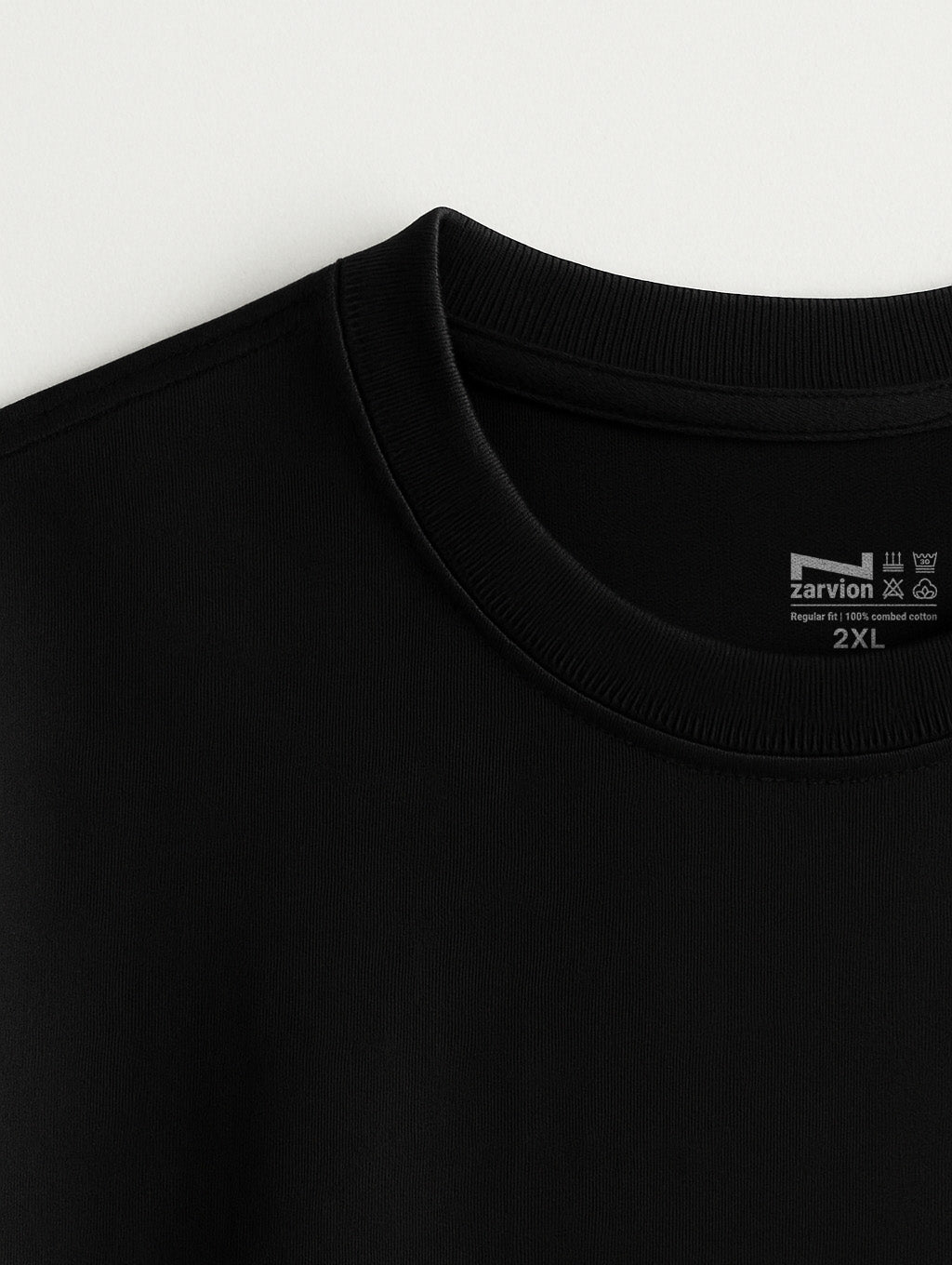 Premium black tee close-up of ribbed neckline – Zarvion Premium Tee for men