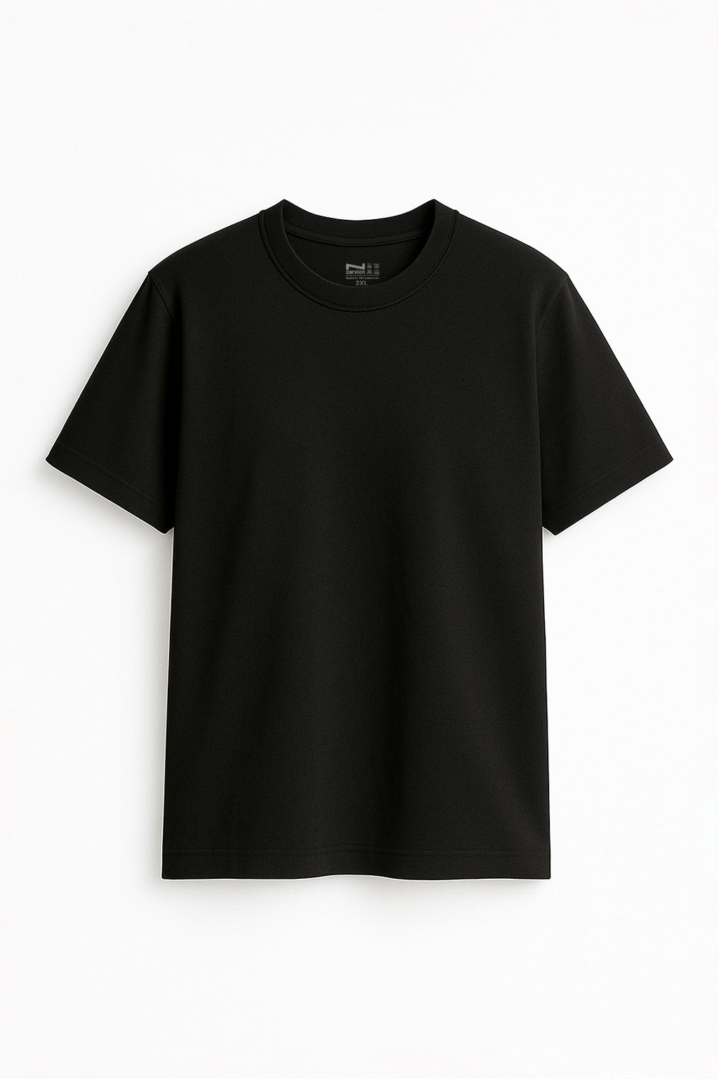 Flat lay front view of black premium t-shirt – clean design by Zarvion