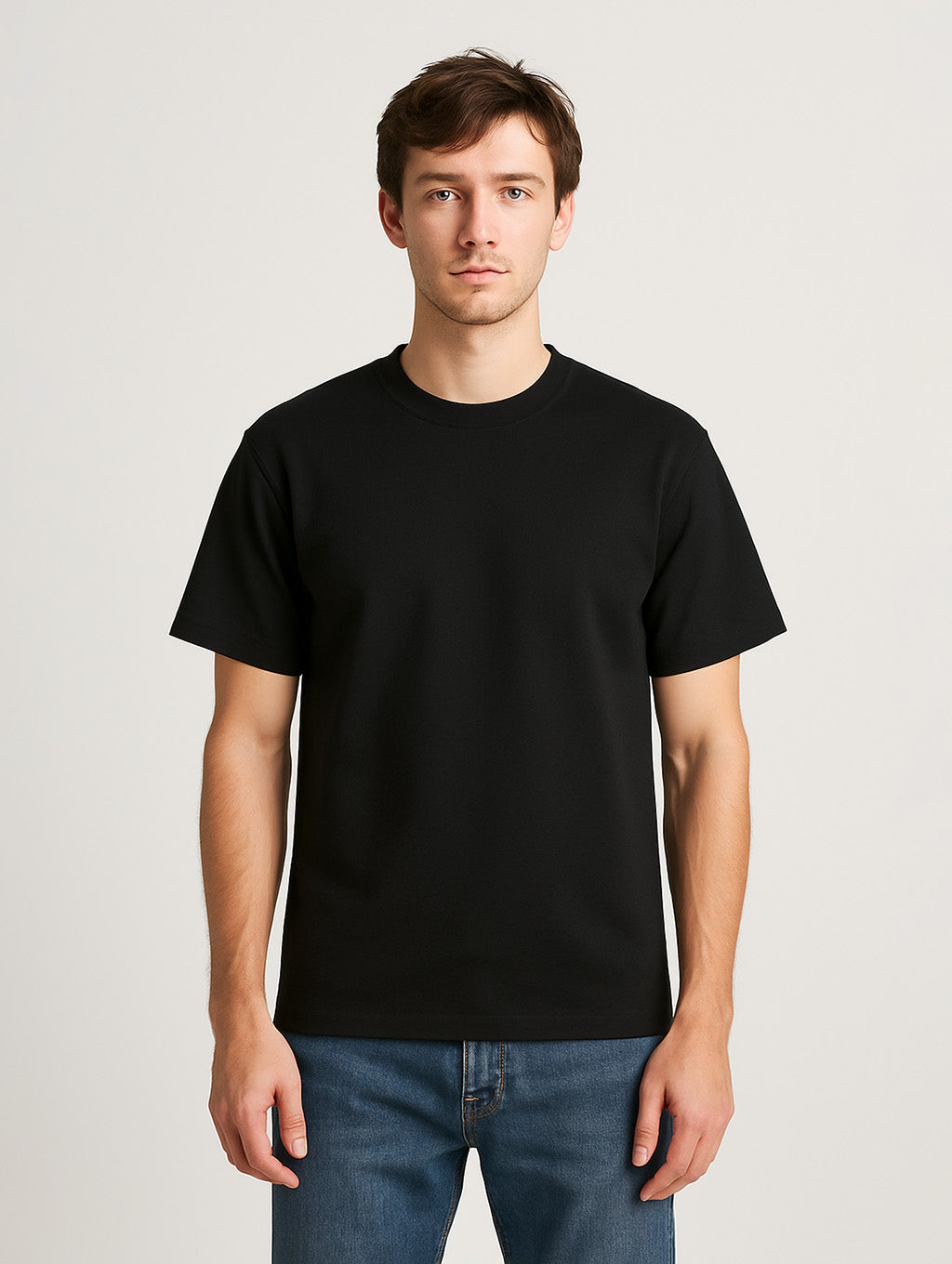 Front view of male model in black Zarvion Premium Tee – minimalist men's style