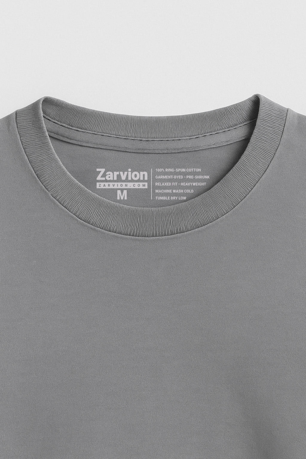 Zarvion men's vintage tee in Ash Grey – ribbed collar close-up with double-needle stitching