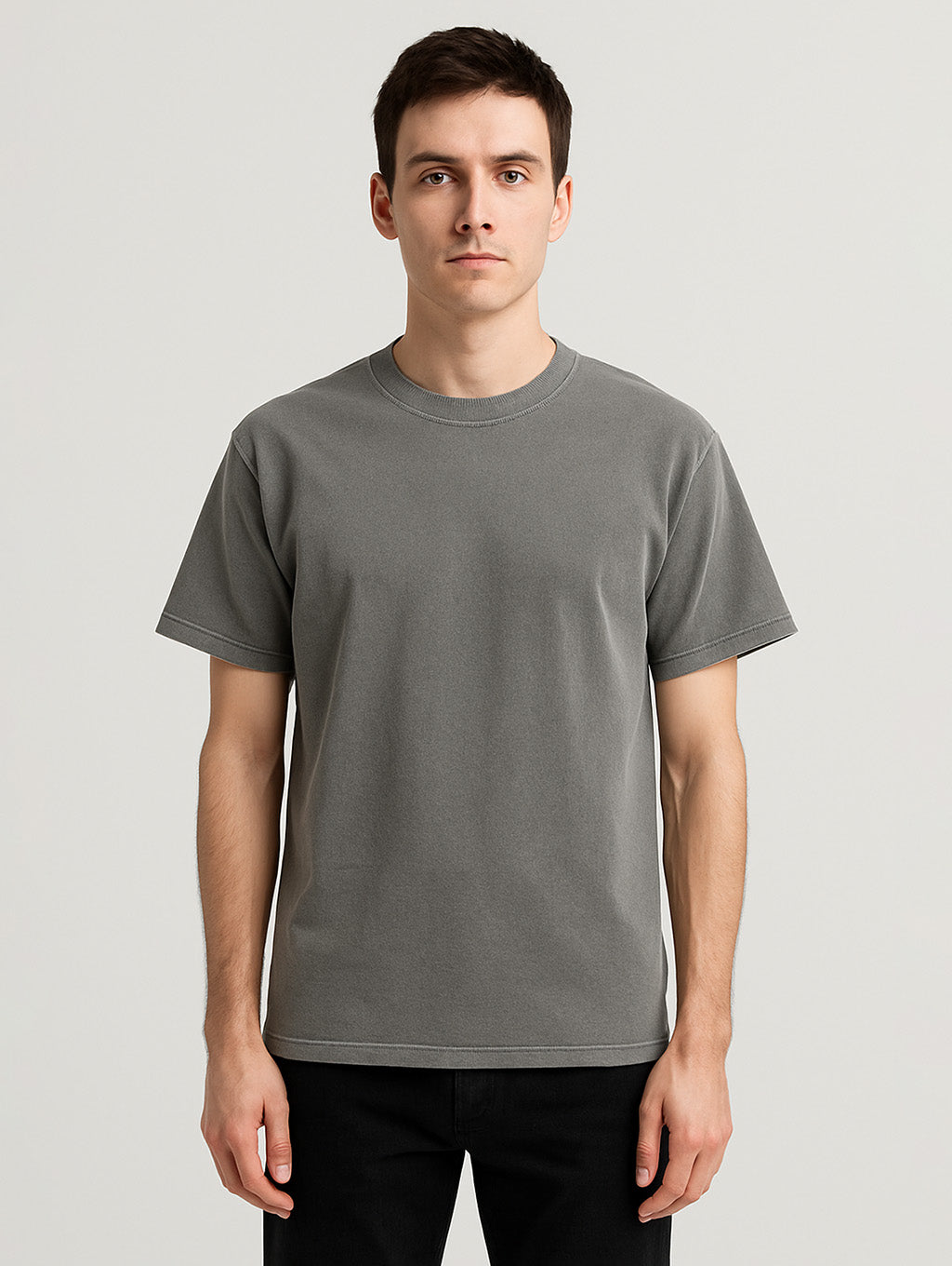 Front view of slim model in Ash Grey vintage tee – classic fit heavyweight cotton t-shirt by Zarvion
