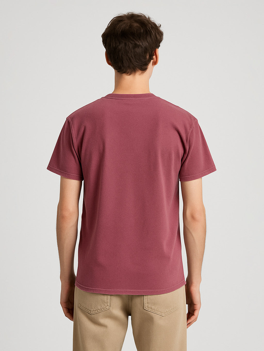 Back view of slim male model in Berry Zarvion t-shirt – classic streetwear fit from behind