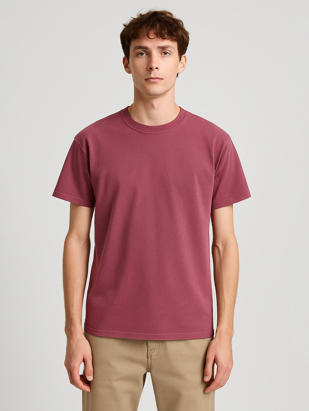 Front view of male model in Berry vintage tee – relaxed fit heavyweight cotton shirt by Zarvion