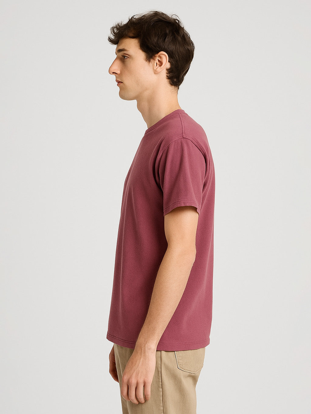 Side profile of slim model wearing Berry vintage tee – clean silhouette, garment-dyed softness