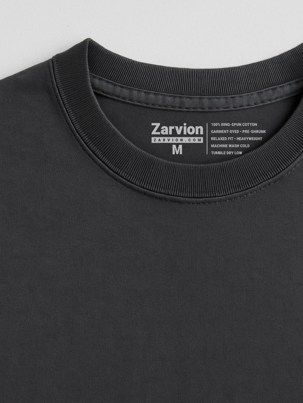 Zarvion men's vintage t-shirt in Charcoal – close-up ribbed neckline with double-needle stitching
