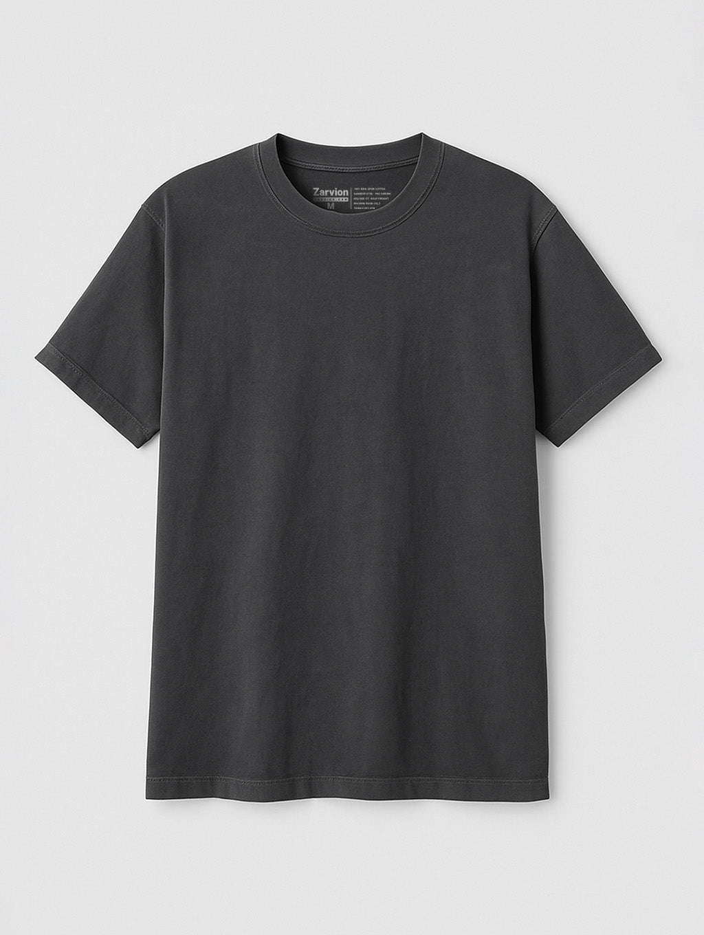 Charcoal t-shirt flat lay front – men's vintage cotton tee by Zarvion on light gray background