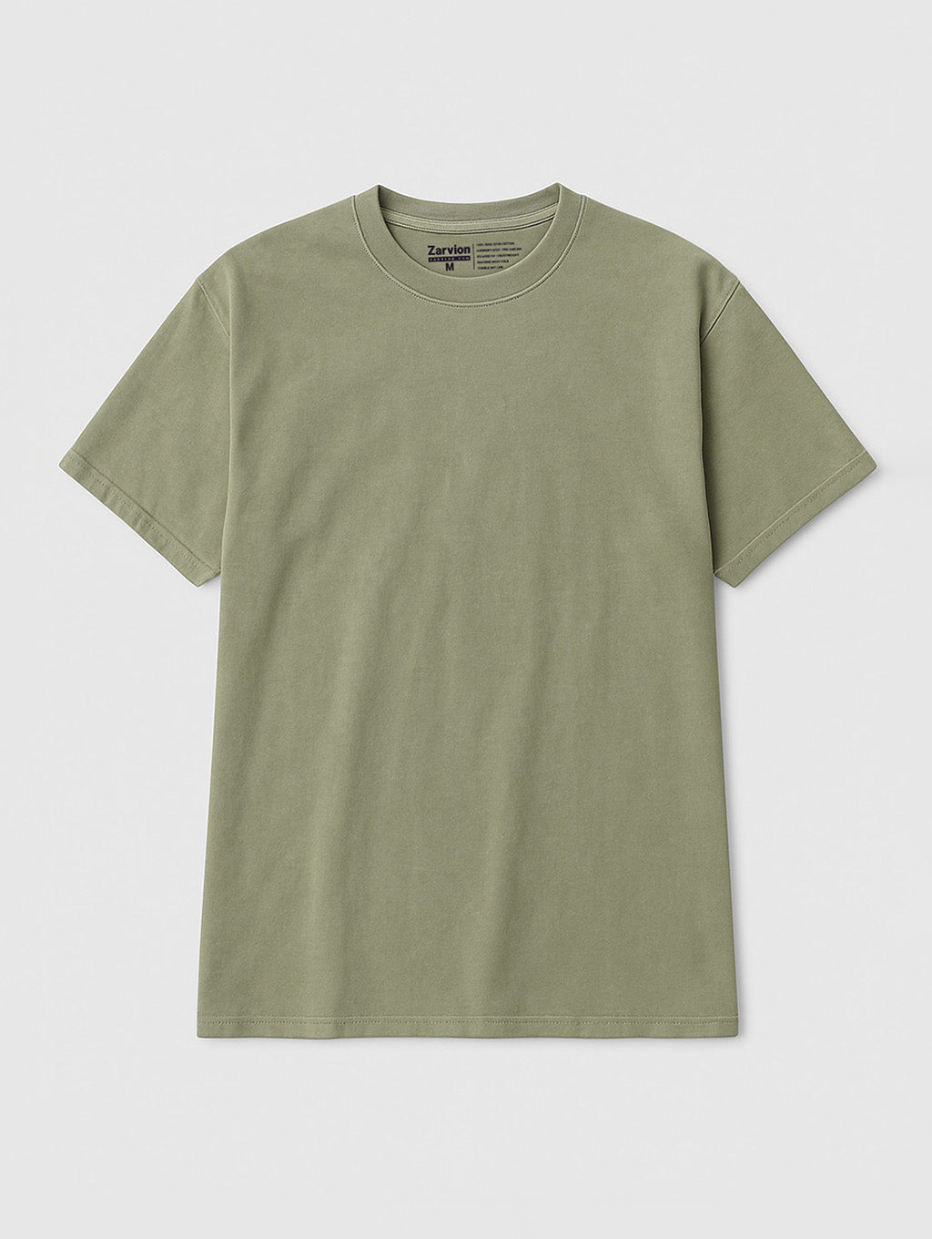 Flat lay front view of Zarvion vintage t-shirt in Dusty Olive – relaxed fit cotton tee on neutral background