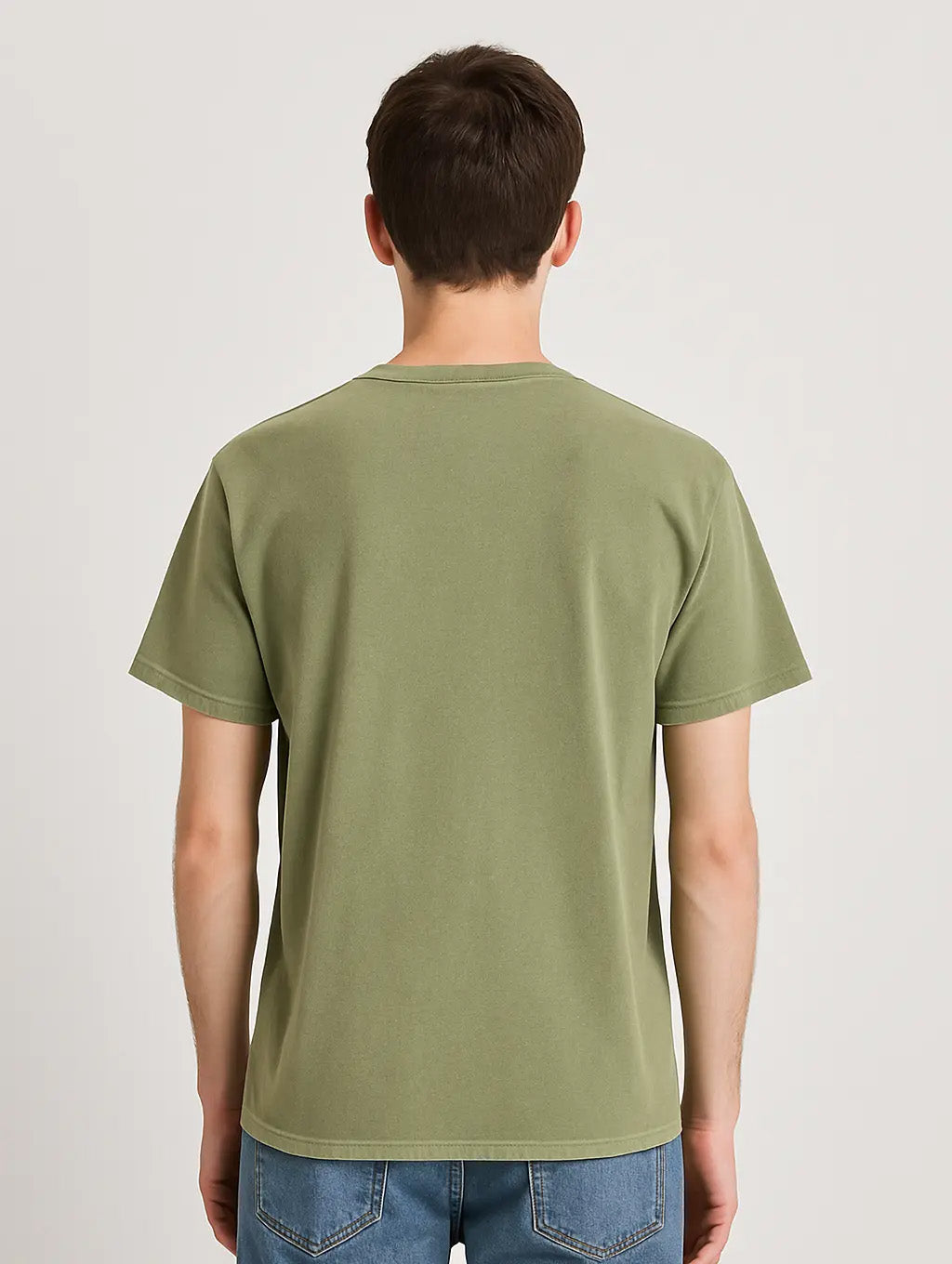 Back view of male model wearing Dusty Olive Zarvion vintage tee – classic fit streetwear style