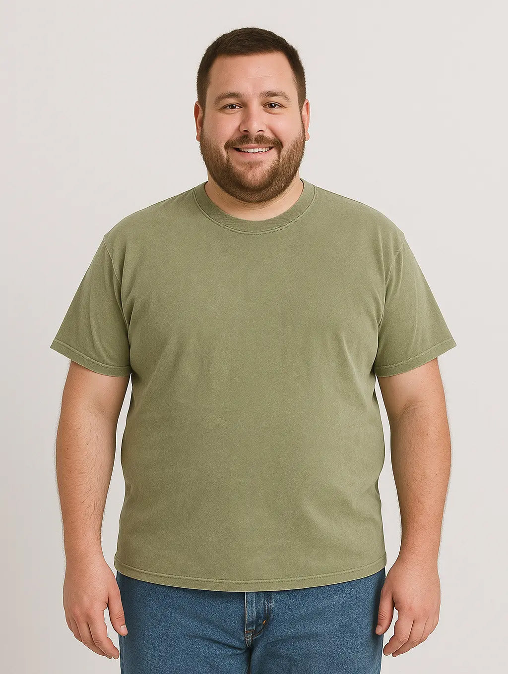 Plus-size male model wearing Dusty Olive Zarvion vintage tee – inclusive fit garment-dyed cotton shirt