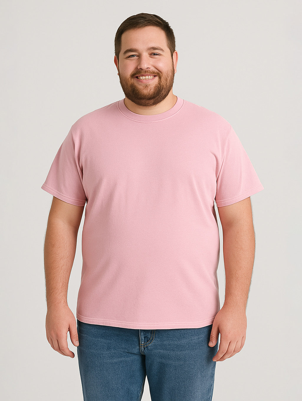 Plus-size male model in Blush Blossom Pink Zarvion tee – inclusive fit vintage cotton shirt for men