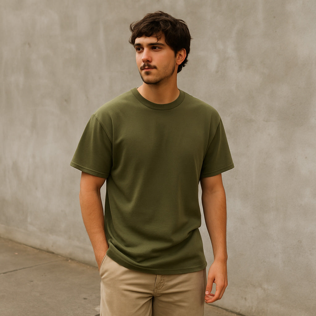 Man wearing an olive green t-shirt with relaxed khaki pants, standing casually near a concrete wall with a soft natural light