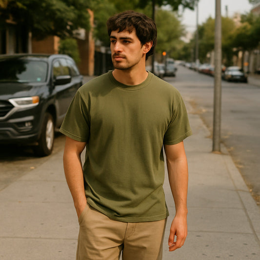 Young man wearing a garment-dyed muted clay t-shirt standing in soft daylight on an urban sidewalk, with a relaxed expression and casual stance