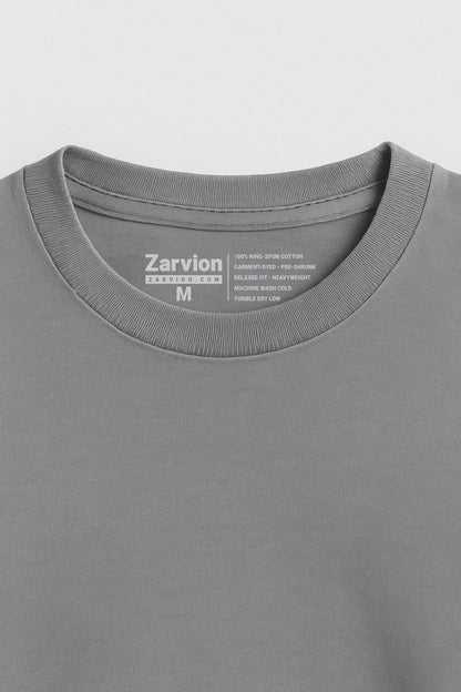 Zarvion men's vintage tee in Ash Grey – ribbed collar close-up with double-needle stitching