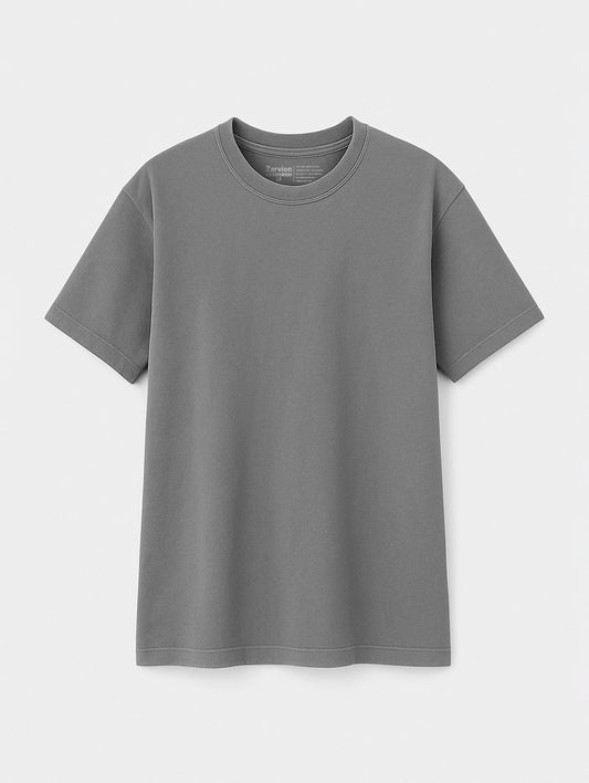 Flat lay front view of Ash Grey Zarvion vintage tee – relaxed fit cotton shirt on light background