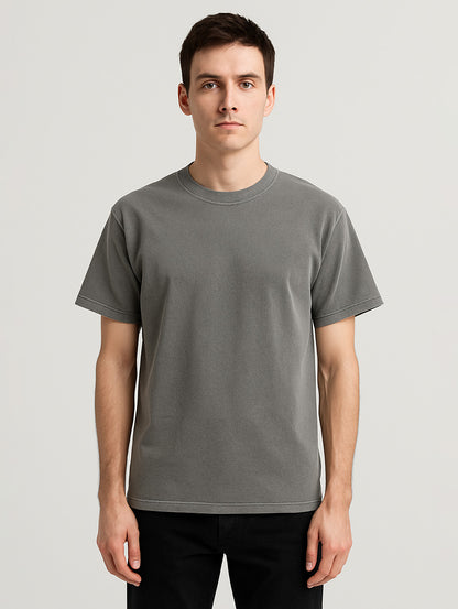 Front view of slim model in Ash Grey vintage tee – classic fit heavyweight cotton t-shirt by Zarvion
