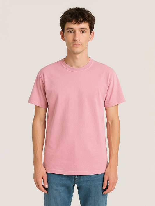Front view of male model in Zarvion Blush Blossom Pink tee – classic cut relaxed fit cotton t-shirt