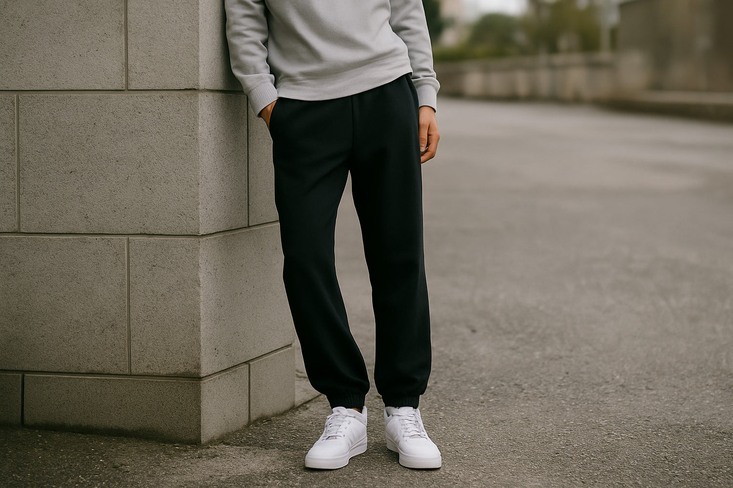 Male model wearing relaxed-fit black Cotton Heritage M7580 jogger sweatpants and white sneakers, leaning against a concrete corner wall in a city street – modern streetwear look by Zarvion