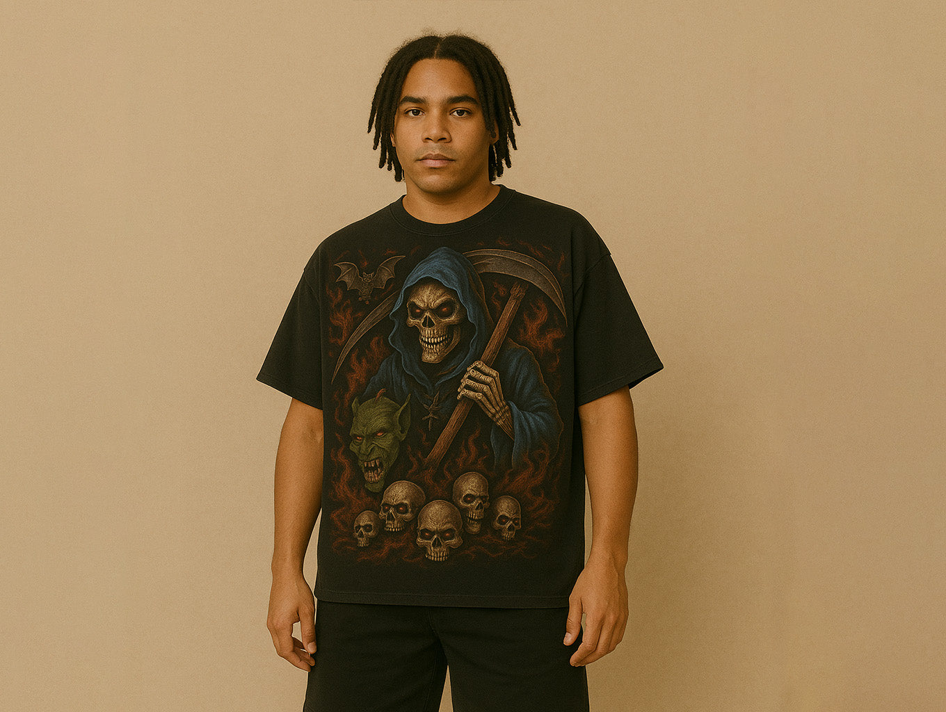 Model wearing oversized black graphic tee with grim reaper artwork – streetwear style for men by Zarvion